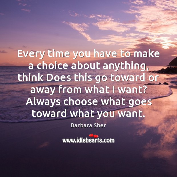 Every time you have to make a choice about anything, think Does Barbara Sher Picture Quote