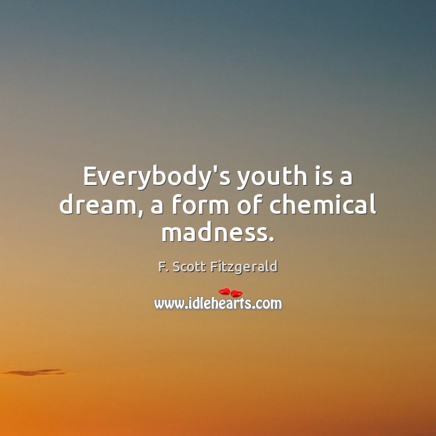 Everybody’s youth is a dream, a form of chemical madness. F. Scott Fitzgerald Picture Quote