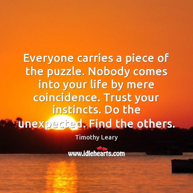 Everyone carries a piece of the puzzle. Nobody comes into your life Timothy Leary Picture Quote