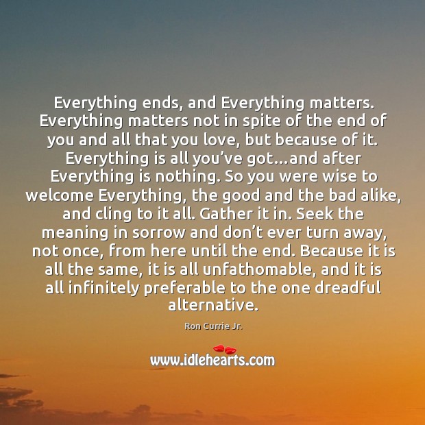 Everything ends, and Everything matters. Everything matters not in spite of the Ron Currie Jr. Picture Quote