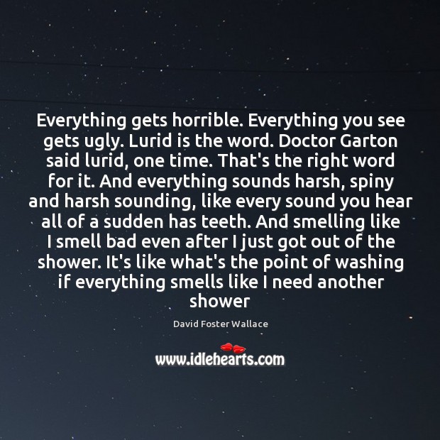 Everything gets horrible. Everything you see gets ugly. Lurid is the word. David Foster Wallace Picture Quote