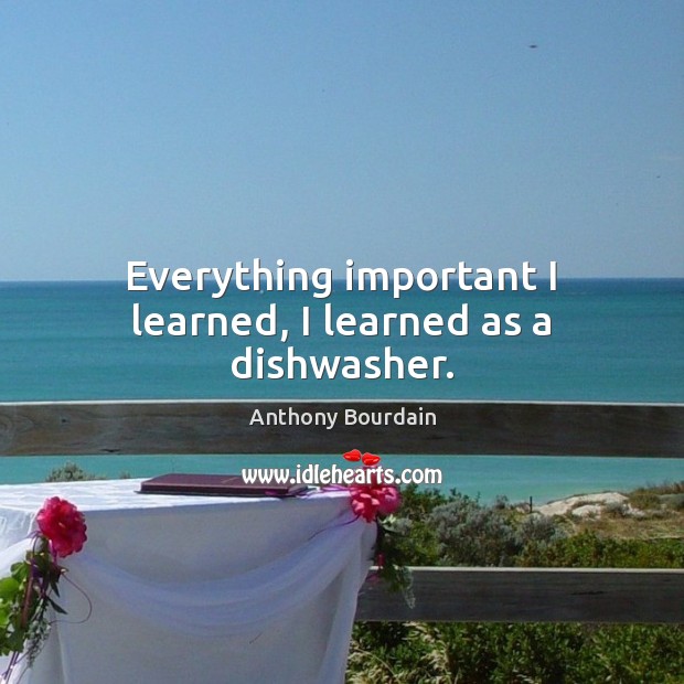 Everything important I learned, I learned as a dishwasher. Anthony Bourdain Picture Quote