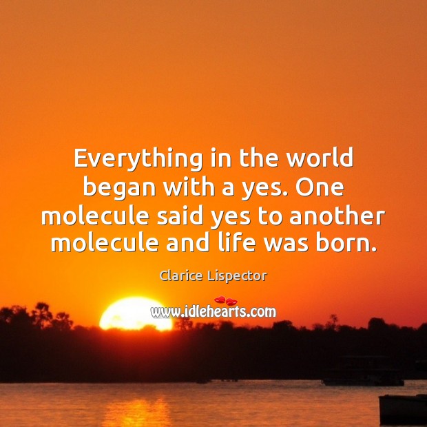Everything in the world began with a yes. One molecule said yes Clarice Lispector Picture Quote