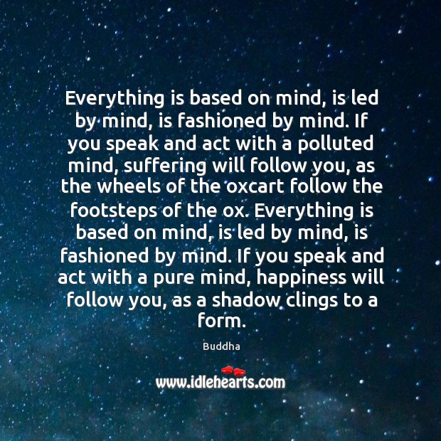 Everything is based on mind, is led by mind, is fashioned by mind. If you speak and act with a polluted mind Buddha Picture Quote
