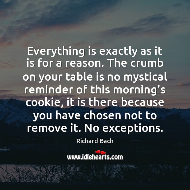 Everything is exactly as it is for a reason. The crumb on Richard Bach Picture Quote