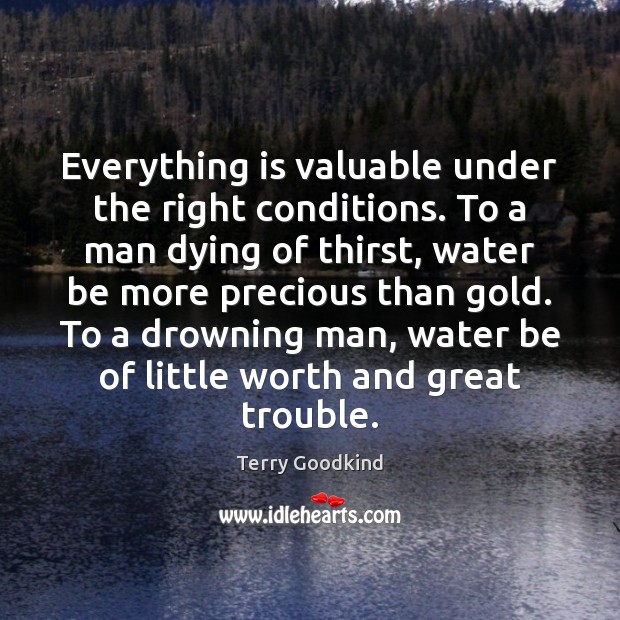 Everything is valuable under the right conditions. To a man dying of Terry Goodkind Picture Quote