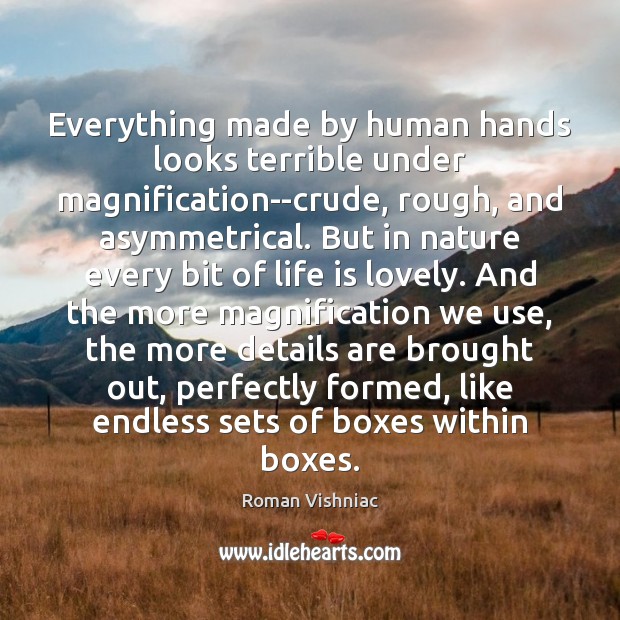 Everything made by human hands looks terrible under magnification–crude, rough, and asymmetrical. Roman Vishniac Picture Quote