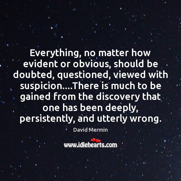 Everything, no matter how evident or obvious, should be doubted, questioned, viewed David Mermin Picture Quote
