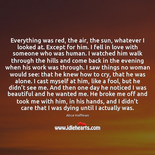 Everything was red, the air, the sun, whatever I looked at. Except Alice Hoffman Picture Quote