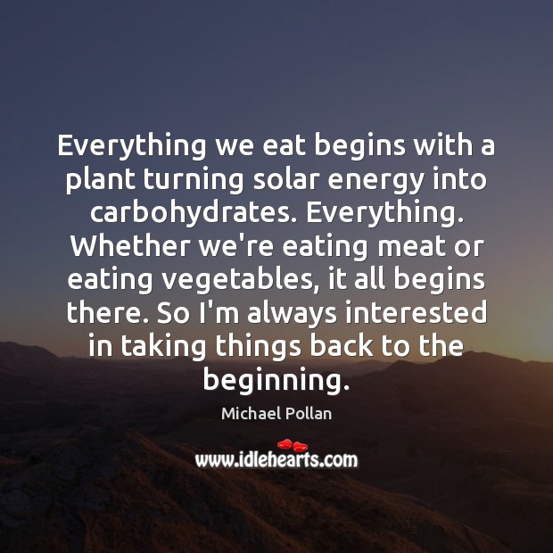 Everything we eat begins with a plant turning solar energy into carbohydrates. Michael Pollan Picture Quote
