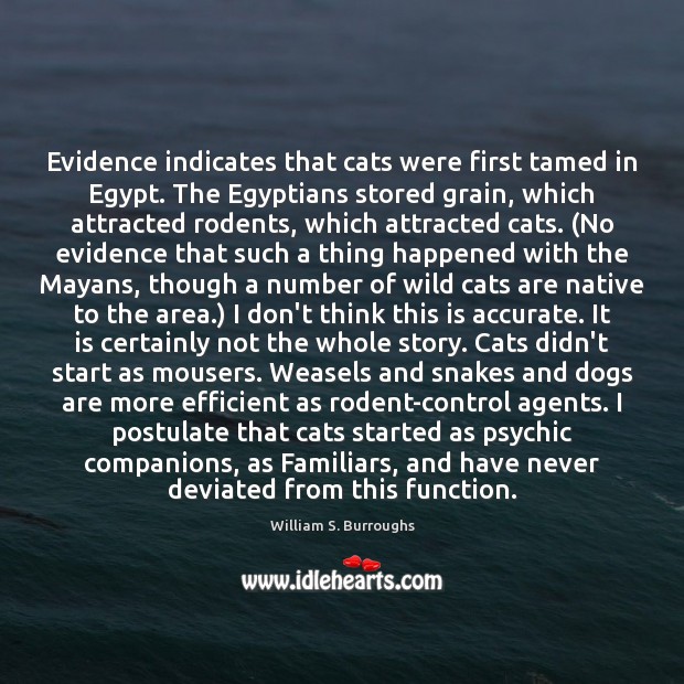 Evidence indicates that cats were first tamed in Egypt. The Egyptians stored William S. Burroughs Picture Quote