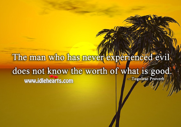 The man who has never experienced evil does not know the worth of what is good. Togolese Proverbs Image