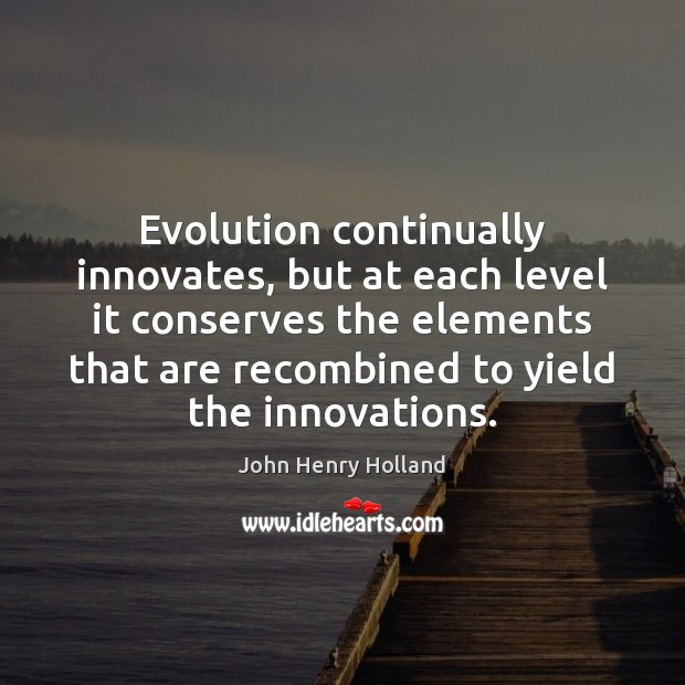 Evolution continually innovates, but at each level it conserves the elements that John Henry Holland Picture Quote