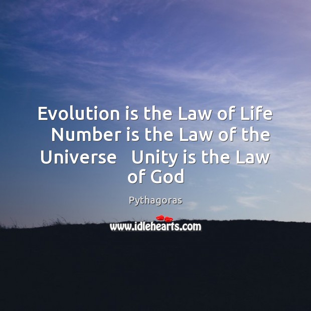 Evolution is the Law of Life   Number is the Law of the Universe   Unity is the Law of God Pythagoras Picture Quote