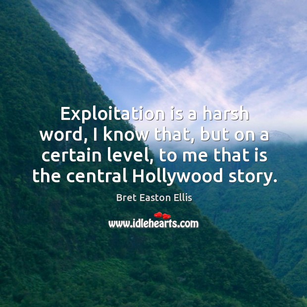 Exploitation is a harsh word, I know that, but on a certain level, to me that is the central hollywood story. Bret Easton Ellis Picture Quote