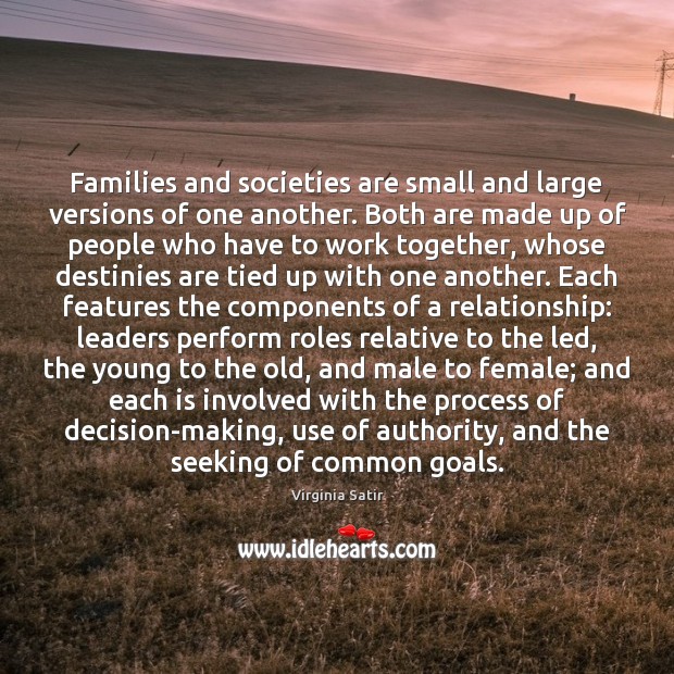Families and societies are small and large versions of one another. Both Virginia Satir Picture Quote