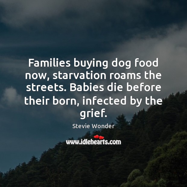 Families buying dog food now, starvation roams the streets. Babies die before Stevie Wonder Picture Quote