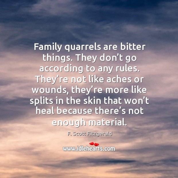 Family quarrels are bitter things. They don’t go according to any rules. F. Scott Fitzgerald Picture Quote