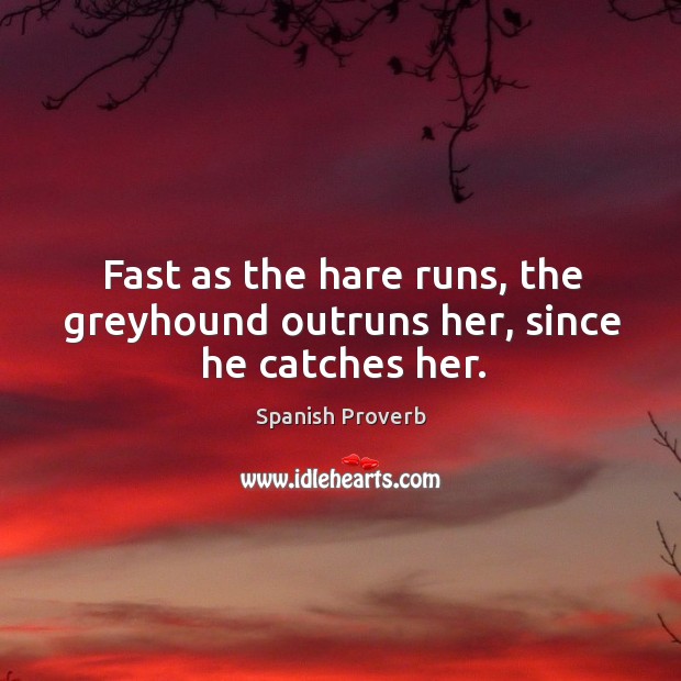 Fast as the hare runs, the greyhound outruns her, since he catches her. Image