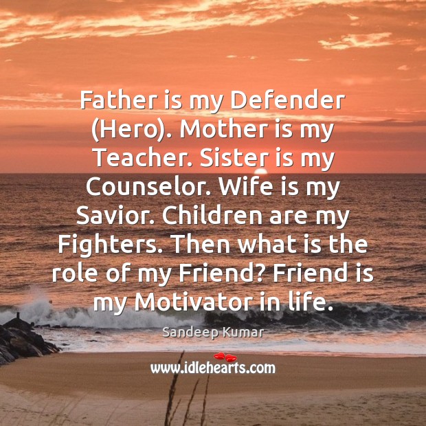 Father is my Defender (Hero). Mother is my Teacher. Sister is my Mother Quotes Image