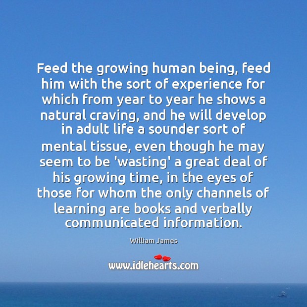 Feed the growing human being, feed him with the sort of experience William James Picture Quote