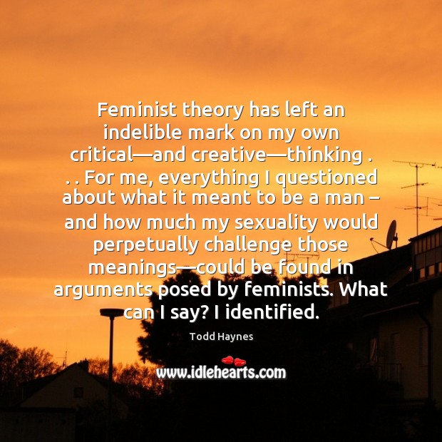 Feminist theory has left an indelible mark on my own critical—and Todd Haynes Picture Quote