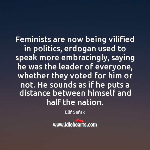Feminists are now being vilified in politics, erdogan used to speak more Elif Safak Picture Quote