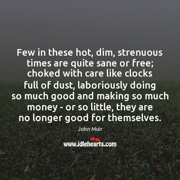 Few in these hot, dim, strenuous times are quite sane or free; John Muir Picture Quote