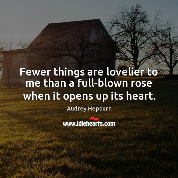 Fewer things are lovelier to me than a full-blown rose when it opens up its heart. Audrey Hepburn Picture Quote