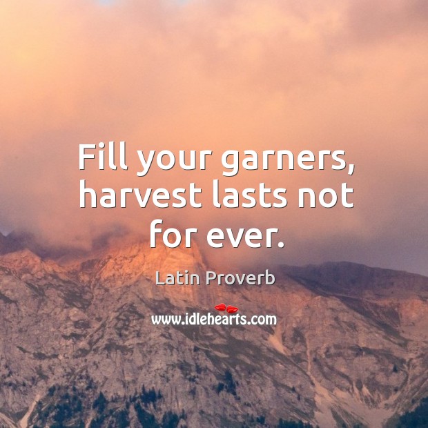 Fill your garners, harvest lasts not for ever. Latin Proverbs Image