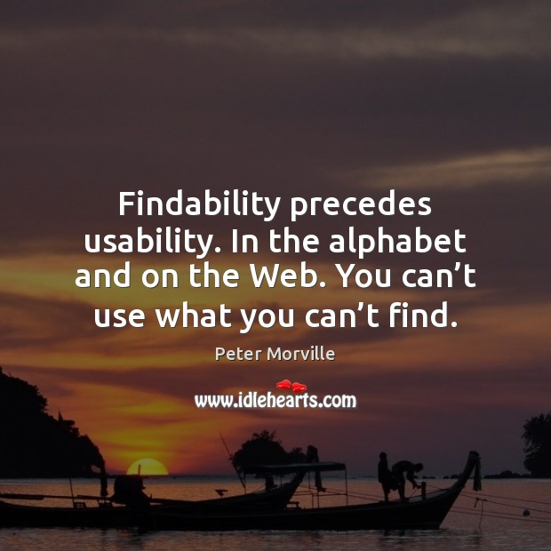 Findability precedes usability. In the alphabet and on the Web. You can’ Peter Morville Picture Quote