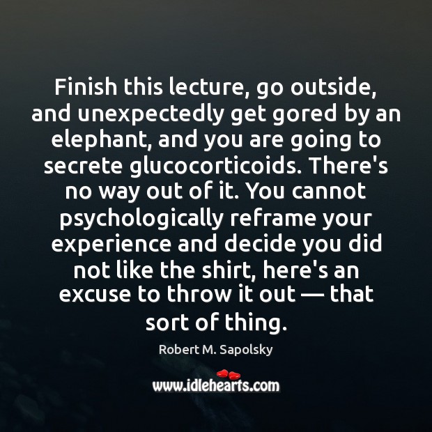 Finish this lecture, go outside, and unexpectedly get gored by an elephant, Robert M. Sapolsky Picture Quote