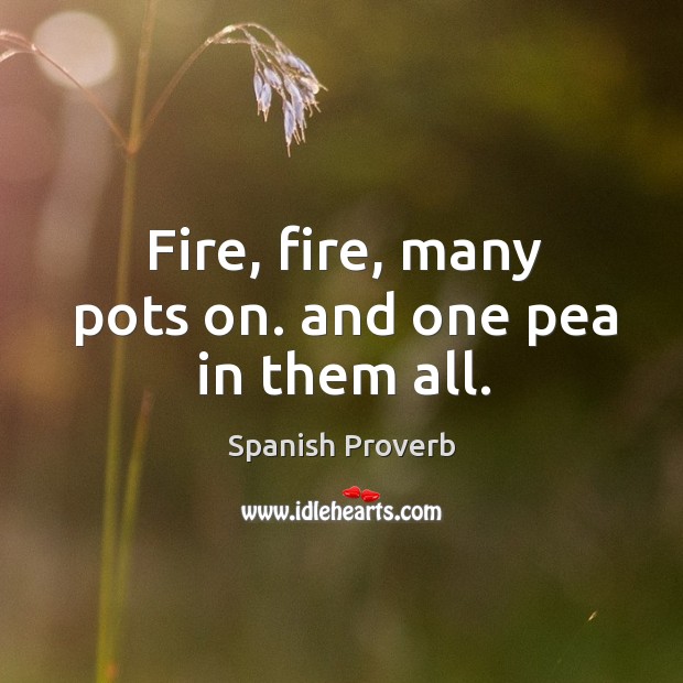 Fire, fire, many pots on. And one pea in them all. Image