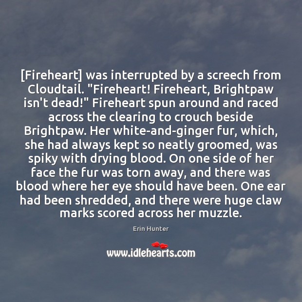 [Fireheart] was interrupted by a screech from Cloudtail. “Fireheart! Fireheart, Brightpaw isn’t Erin Hunter Picture Quote