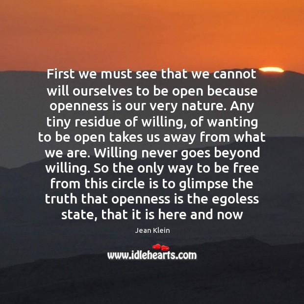 First we must see that we cannot will ourselves to be open Jean Klein Picture Quote