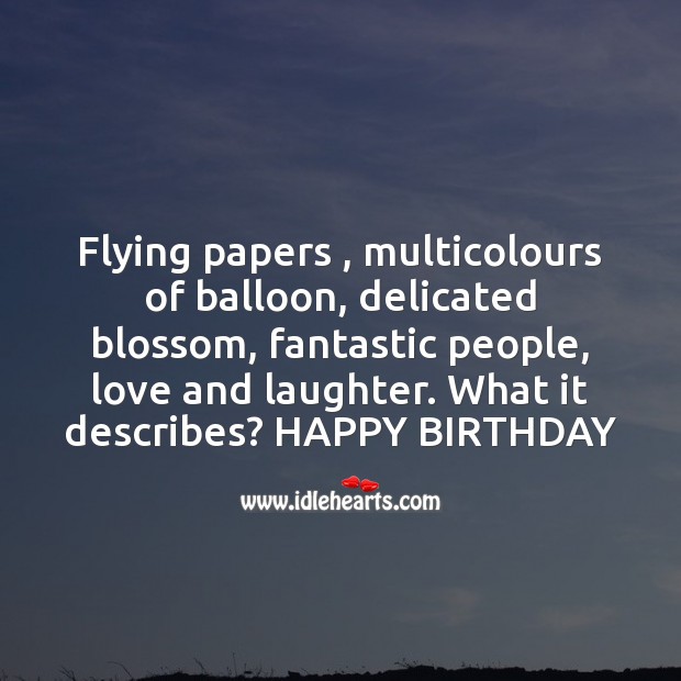Flying papers , multicolours of balloon, delicated blossom, fantastic people, love and laughter. Image