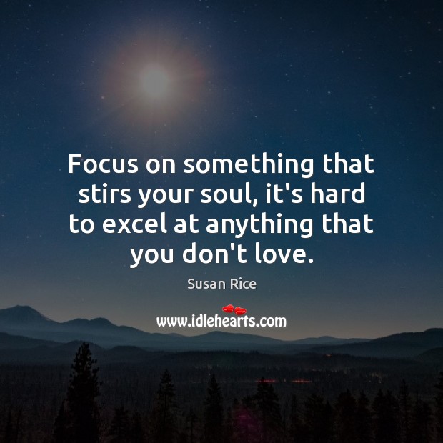 Focus on something that stirs your soul, it’s hard to excel at Susan Rice Picture Quote