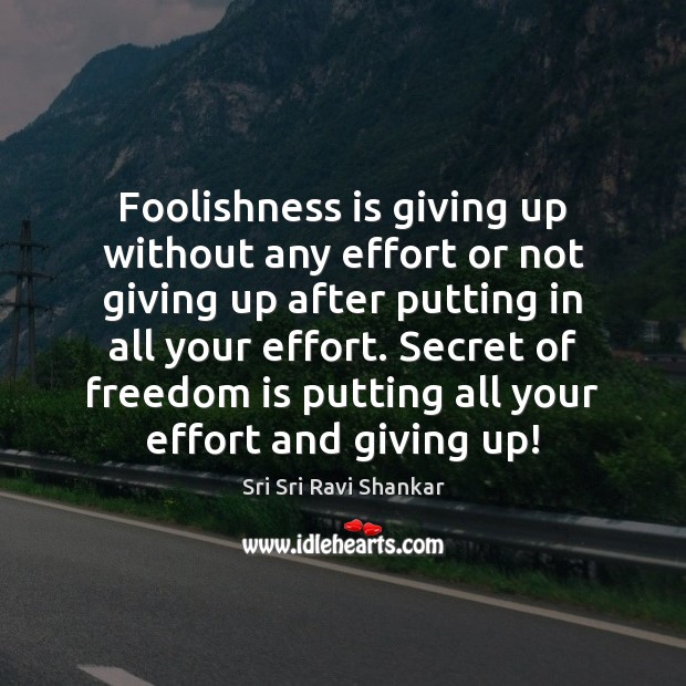 Foolishness is giving up without any effort or not giving up after Sri Sri Ravi Shankar Picture Quote