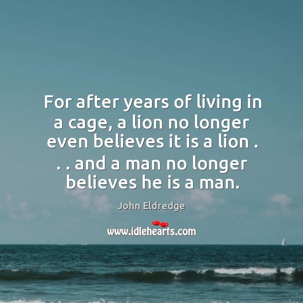 For after years of living in a cage, a lion no longer John Eldredge Picture Quote