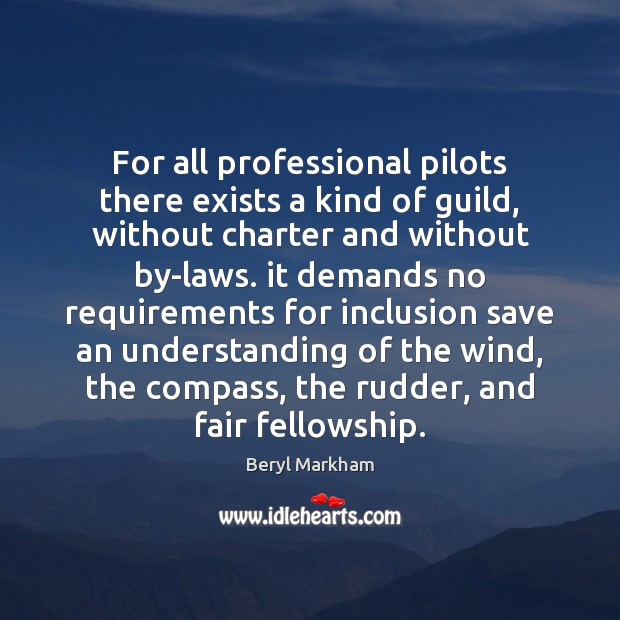 For all professional pilots there exists a kind of guild, without charter Beryl Markham Picture Quote