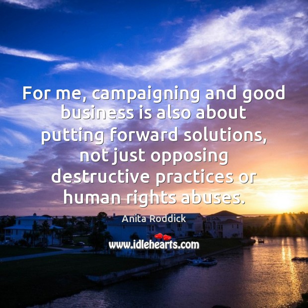 For me, campaigning and good business is also about putting forward solutions, Anita Roddick Picture Quote