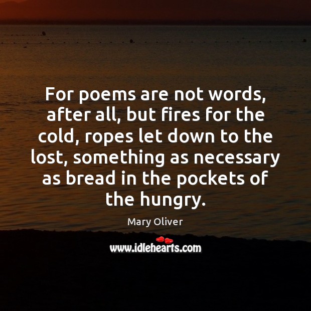 For poems are not words, after all, but fires for the cold, Mary Oliver Picture Quote
