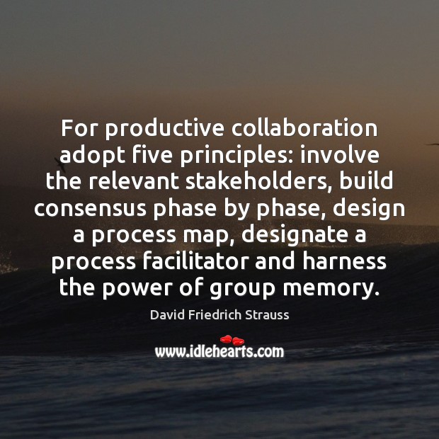For productive collaboration adopt five principles: involve the relevant stakeholders, build consensus Image