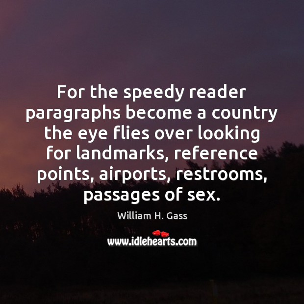 For the speedy reader paragraphs become a country the eye flies over William H. Gass Picture Quote