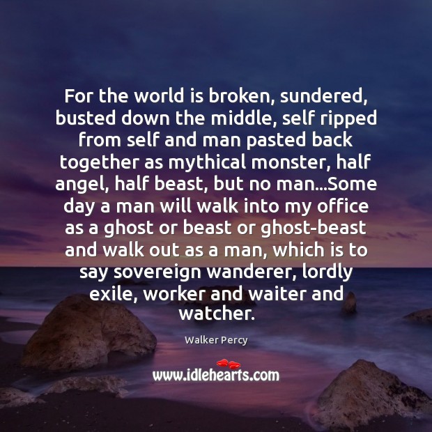 For the world is broken, sundered, busted down the middle, self ripped Walker Percy Picture Quote