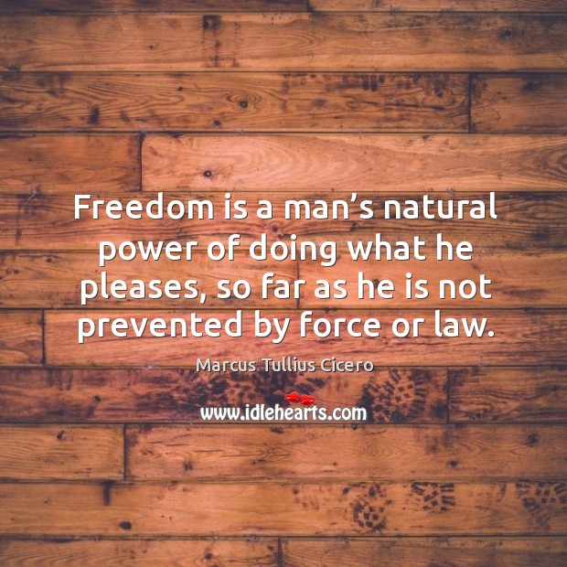 Freedom is a man’s natural power of doing what he pleases, so far as he is not prevented by force or law. Image