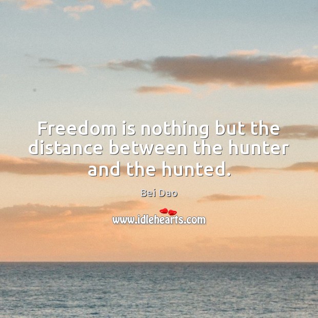 Freedom is nothing but the distance between the hunter and the hunted. Bei Dao Picture Quote