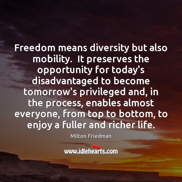 Freedom means diversity but also mobility.  It preserves the opportunity for today’s Milton Friedman Picture Quote