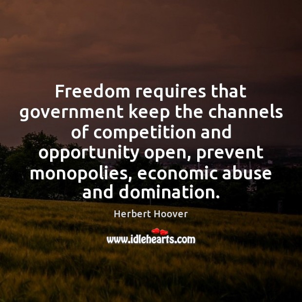 Freedom requires that government keep the channels of competition and opportunity open, Herbert Hoover Picture Quote