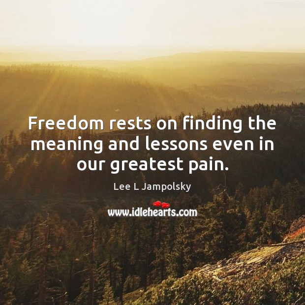Freedom rests on finding the meaning and lessons even in our greatest pain. Lee L Jampolsky Picture Quote